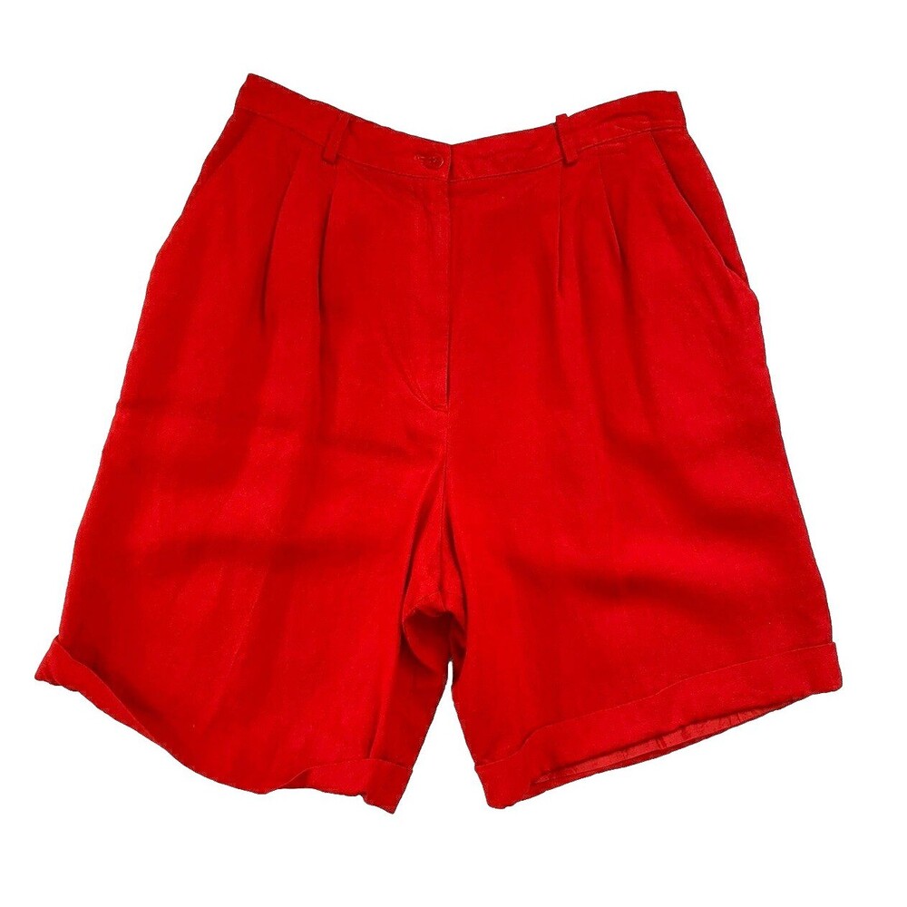 Vintage Talbots Pleated High Waist Mom Shorts 14P Red Linen Rayon 80s 90s Dressy